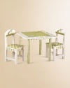 From the Alphabet Collection. Fun and functional, this bright, hand-painted table will help them learn their ABCs as well as provide a great place for playtime activities.Sturdy construction Animals and alphabet adorn top 28W X 25¾H X 28D Constructed of MDF Imported Recommended for ages 3 and up Please note: Some assembly may be required. 