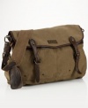 Authentic leather accents make this versatile canvas messenger bag a suitable carryall for work or weekend.