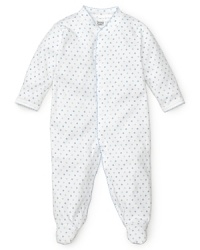 A blue polka dot footie with a snap front and contrast scalloped edge trim. A blue polka dot footie with a snap front and contrast scalloped edge trim.