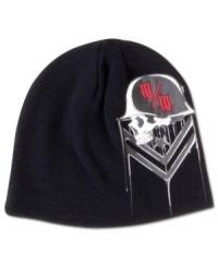 Top of your head and stay warm in this eccentric graphic front beanie by Metal Mulisha. Top of your head and stay warm in this eccentric graphic front beanie by Metal Mulisha.