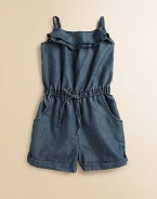 The cutest one-piece for your little girl, this lightweight ruffled romper is ready for stylish fun with adjustable straps, cuffed hem and pockets.Ruffled straight necklineAdjustable strapsPull-on styleBack elasticElastic waist with drawstring detailSide slash pocketsCuffed hem65% cotton/35% polyesterMachine washImported