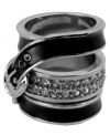 Style in a cinch. GUESS's chic cocktail rings set feature a set of two including a belt buckle band ring in black epoxy and a two-row glass band ring that fits in between. Set in silver tone mixed metal. Size 8.
