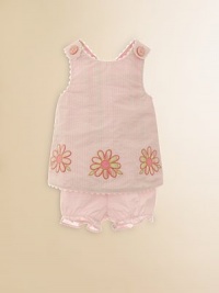 This sweet two-piece set in classic seersucker with floral embroidery is perfect for warmer months.CrewneckSleeveless with criss cross strapsScalloped hemElastic waistband and leg openingsCottonMachine washImported Please note: Number of buttons vary depending on size ordered. This sweet two-piece set in classic seersucker with floral embroidery is perfect for warmer months.CrewneckSleeveless with criss cross strapsScalloped hemElastic waistband and leg openingsCottonMachine washImported Please note: Number of buttons vary depending on size ordered.
