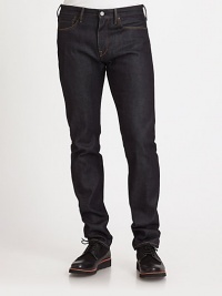 Dark-wash denim designed with five-pocket styling and an ultra-slim fit. Point collarButton frontSingle front patch pocketLong sleevesInseam, about 34CottonMachine washImported Dark-wash denim designed with five-pocket styling and an ultra-slim fit. Point collarButton frontSingle front patch pocketLong sleevesInseam, about 34CottonMachine washImported