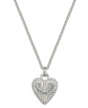 Love that glitters. Juicy Couture's pendant necklace features a darling heart charm embellished with pave crystals. Finished with a logo banner. Crafted in silver tone mixed metal. Approximate length: 30 inches + 3-inch extender. Approximate drop: 1 inch.