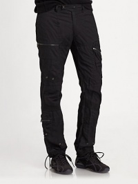 Metal zippers and grommets give a modern moto-inspired look to an essential cargo pant in lightweight cotton poplin. Belted waist with a double-snap closureAdjustable snap tabs at the side waist for a custom fitAllover silvertone grommets, zipper pulls and snapsTwo zip cargo pockets on each leg and two on the back waistRibbed-knit hem with drawcords for an adjustable fitInseam, about 32CottonMachine wash Metal zippers and grommets give a modern moto-inspired look to an essential cargo pant in lightweight cotton poplin. Belted waist with a double-snap closureAdjustable snap tabs at the side waist for a custom fitAllover silvertone grommets, zipper pulls and snapsTwo zip cargo pockets on each leg and two on the back waistRibbed-knit hem with drawcords for an adjustable fitInseam, about 32CottonMachine wash
