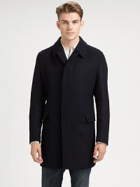 Classic balmacaan styling in a water-resistant wool crepe, a tailored all-weather staple.Notched-collarButton frontFlap pocketsAbout 36 from shoulder to hem95% wool/5% nylonDry cleanImported Classic balmacaan styling in a water-resistant wool crepe, a tailored all-weather staple.Notched-collarButton frontFlap pocketsAbout 36 from shoulder to hem95% wool/5% nylonDry cleanImported