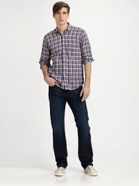 Sure to be a wardrobe closet favorite, set in dark-blue rinsed, straight-fitting cotton denim with subtle distressing and whiskering.Five-pocket styleInseam, about 34CottonMachine washMade in USA Sure to be a wardrobe closet favorite, set in dark-blue rinsed, straight-fitting cotton denim with subtle distressing and whiskering.Five-pocket styleInseam, about 34CottonMachine washMade in USA