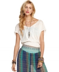 A floral-knit fabric and flowered lace makes this Free People top a pretty pick for summer! A floral-knit fabric and flowered lace makes this Free People top a pretty pick for summer!