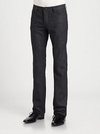 A traditional five-pocket silhouette is rendered in polished, dark-washed denim, while slighter slimmer throughout the leg for a more modern, tailored approach.Five-pocket styleInseam, about 33CottonDry cleanImported A traditional five-pocket silhouette is rendered in polished, dark-washed denim, while slighter slimmer throughout the leg for a more modern, tailored approach.Five-pocket styleInseam, about 33CottonDry cleanImported