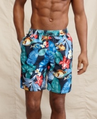 A floral print lightens up your beach-ready look on these lightweight swim shorts from Tommy Hilfiger. A floral print lightens up your beach-ready look on these lightweight swim shorts from Tommy Hilfiger.