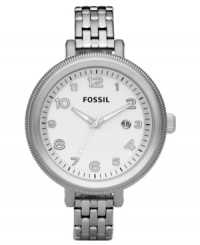 A classic silhouette gets a feminine makeover with a slim bracelet and oversized dial on this Bridgette collection watch by Fossil. A classic silhouette gets a feminine makeover with a slim bracelet and oversized dial on this Bridgette collection watch by Fossil.