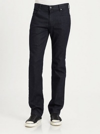 Clean and modern five-pocket style in a rich dark rinse that can be dressed up or down.Five-pocket styleInseam, about 34Rise, about 8½99% cotton/1% spandexMachine washImported Clean and modern five-pocket style in a rich dark rinse that can be dressed up or down.Five-pocket styleInseam, about 34Rise, about 8½99% cotton/1% spandexMachine washImported