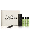 Inspired by Absinth, bittersweet nectar of poets. A travel spray for men and women. A magnetic object, literally. A monolith engraved with the Achilles' shield, signature of L'Oeuvre noire collection. As always, the travel spray is refillable, to travel with your favorite Kilian fragrance. Set of four 0.25 oz. sprays. 