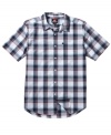 Step up your style for the weekend in this cool, casual plaid button-front shirt from Quiksilver.