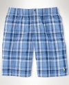 Colorful plaid accents a stylish trunk crafted from a lightweight cotton blend with an elasticized drawstring waist for a comfortable, custom fit.