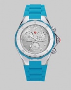 From the Tahitian Jelly Bean Collection. A fun and colorful design with technical appeal. Quartz movementWater resistant to 5 ATMRound stainless steel case, 40mm (1.6)Logo etched bezelSilver chronograph dialNumeric hour markersSecond hand Blue silicone strapImported