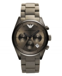 Give black and brown the day off and make a mark with this new neutral by Emporio Armani. Watch crafted of gray silicone-wrapped stainless steel bracelet and round gray-plated stainless steel case. Gray chronograph dial features black numerals, minute track, date window, three subdials, three hands and logo. Automatic movement. Water resistant to 30 meters. Two-year limited warranty. Give black and brown the day off and make a mark with this new neutral by Emporio Armani. Watch crafted of gray silicone-wrapped stainless steel bracelet and round gray-plated stainless steel case. Gray chronograph dial features black numerals, minute track, date window, three subdials, three hands and logo. Automatic movement. Water resistant to 30 meters. Two-year limited warranty.