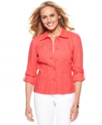 Charter Club takes the jacket and reinvents it for spring with luxe linen fabric and a chic color. Try it with trousers and a tee! Charter Club takes the jacket and reinvents it for spring with luxe linen fabric and a chic color. Try it with trousers and a tee!