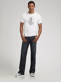A classic five-pocket stretch cotton denim in a medium-to-dark wash with fading and whiskering detail in the front and back. Zip fly Relaxed-fitting, straight leg Inseam, about 34 Cotton/elastic; machine wash Imported A classic five-pocket stretch cotton denim in a medium-to-dark wash with fading and whiskering detail in the front and back. Zip fly Relaxed-fitting, straight leg Inseam, about 34 Cotton/elastic; machine wash Imported