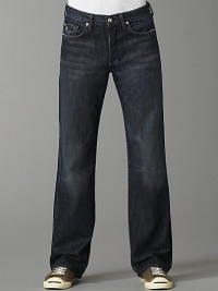 Soft Italian cotton denim in a dark blue denim with subtle fading and whiskering detail. Fading has a slight brown cast Straight-leg, relaxed fit Button fly Five-pocket style Slight distressing on pockets Signature squiggle stitching on back pockets Inseam, about 33¼ Machine wash Made in USA Soft Italian cotton denim in a dark blue denim with subtle fading and whiskering detail. Fading has a slight brown cast Straight-leg, relaxed fit Button fly Five-pocket style Slight distressing on pockets Signature squiggle stitching on back pockets Inseam, about 33¼ Machine wash Made in USA