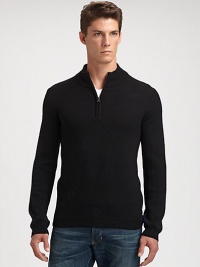 Subtle color contrasts lends a modern update to this lightweight, mock-turtleneck, shaped in rich Italian wool.Mock zip turtleneckRibbed knit collar, cuffs and hemWoolHand washImported of Italian fabric Subtle color contrasts lends a modern update to this lightweight, mock-turtleneck, shaped in rich Italian wool.Mock zip turtleneckRibbed knit collar, cuffs and hemWoolHand washImported of Italian fabric