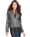 Lend a polished edge to your look with Alfani's plus size faux leather jacket, featuring chic zipper embellishments.