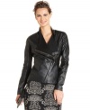 Alfani's faux leather jacket features edgy-chic details, like a moto silhouette and asymmetrical zipper closure.