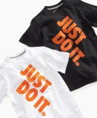 Listen to the tee. This logo t-shirt from Nike has just the right amount of attitude to match his. Listen to the tee. This logo t-shirt from Nike has just the right amount of attitude to match his.