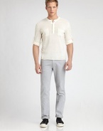 Cotton-blend favorite with long sleeves and a button front, updated by front patch pockets for a modern look. CrewneckButton frontFront patch pocketsLong sleeves55% linen/45% cottonMachine washImported