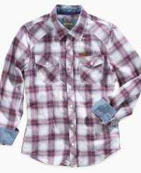 Traditional plaid is accented with contrasting interiors on the cuffs and collar to make this shirt from Epic Threads a classic piece of his wardrobe. Traditional plaid is accented with contrasting interiors on the cuffs and collar to make this shirt from Epic Threads a classic piece of his wardrobe.