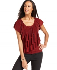 Tiered ruffles add pizzazz to this Elementz top. Pair it with slim black pants for a no-fuss look!