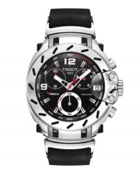 Inspired by moto-racing, the T-Race watch by Tissot blends precision with winning details. The T-Race watch is crafted of black rubber strap and round PVD stainless steel case. Bezel features stick indices. Black chronograph dial features tachymeter scale, minute track, date window at three o'clock, three hands, white numerals at nine and twelve o'clock, three subdials and logo. Swiss quartz movement. Water resistant to 30 meters. Two-year limited warranty. Inspired by moto-racing, the T-Race watch by Tissot blends precision with winning details. The T-Race watch is crafted of black rubber strap and round PVD stainless steel case. Bezel features stick indices. Black chronograph dial features tachymeter scale, minute track, date window at three o'clock, three hands, white numerals at nine and twelve o'clock, three subdials and logo. Swiss quartz movement. Water resistant to 30 meters. Two-year limited warranty.