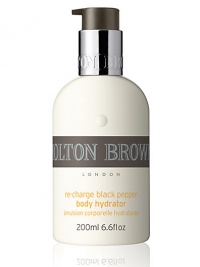 Turn your skin back on. Our instantly absorbed body hydrator re-charges your skin with moisture and condition. Great after showering or exposure to the sun, the spicy fusion of Madagascan black peppercorn oil leaves your skin feeling comfortable and protected, with an understated warm aroma. 6.6 oz. 