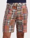 An allover patchwork design is highlighted by handsome plaid patterns on this preppy, classic-fitting swim trunk.Drawstring tie waistZip flySide slash, back patch pocketsInseam, about 8½52% cotton/48% nylonMachine washImported
