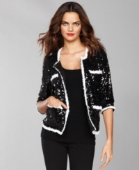 INC's elevated cardigan takes inspiration from the runways with sparkling sequins and contrasting trim -- perfect for holiday events and soirees. INC's elevated cardigan takes inspiration from the runways with sparkling sequins and contrasting trim -- perfect for holiday events and soirees.