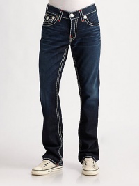 Bold, white topstitching contrasts flawlessly with this deep-denim style.Button closureZip flyFive-pocket styleBelt loopsContrast stitchingInseam, about 34CottonMachine washMade in USA Bold, white topstitching contrasts flawlessly with this deep-denim style.Button closureZip flyFive-pocket styleBelt loopsContrast stitchingInseam, about 34CottonMachine washMade in USA