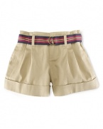 A classic cotton chino short is designed with chic pleats and a cute grosgrain ribbon belt for a darling and preppy look.
