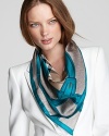 A classic camel check print and teal buckle-printed border accent this luxurious square scarf from Burberry.