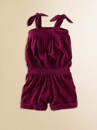 Crafted in plush cotton, this easy, breezy one-piece with shoulder ties is ready for a day of play.SquareneckSleevelessShoulder tiesPull-on styleCuffed hemBottom snapsCottonMachine washImported Crafted in plush cotton, this easy, breezy one-piece with shoulder ties is ready for a day of play.SquareneckSleevelessShoulder tiesPull-on styleCuffed hemBottom snapsCottonMachine washImported