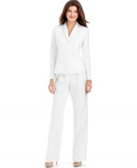 Le Suit's luminous pant suit shines with special details, like sleek seamed pleats at the jacket. Le Suit's luminous pant suit shines with special details, like sleek seamed pleats at the jacket.
