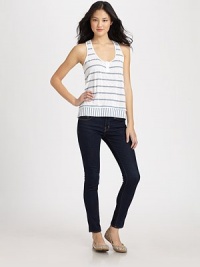 Timeless stripes surround this super-soft staple for a look that's undeniably chic when paired with a tailored blazer. ScoopneckSleeveless36% supima cotton/36% micro modal/28% polyesterMachine washMade in USAModel shown is 5'9 (175cm) wearing US size Small. Timeless stripes surround this super-soft staple for a look that's undeniably chic when paired with a tailored blazer. ScoopneckSleeveless36% supima cotton/36% micro modal/28% polyesterMachine washMade in USAModel shown is 5'9 (175cm) wearing US size Small.