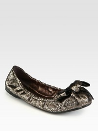 Crackled metallic scrunchy ballet design with bow detail. Metallic crackled leather upperLeather liningRubber solePadded insoleImported Crackled metallic scrunchy ballet design with bow detail. Metallic crackled leather upperLeather liningRubber solePadded insoleImported