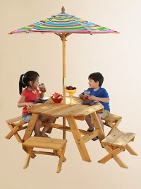 Little ones will love picnics and playtime under the shade in this weather-resistant wood table set and striped canvas umbrella, sturdy enough for year-round fun and roomy enough for playtime with extended friends and family.Octagon tableFour matching stoolsStriped canvas umbrellaTable: 31.9L X 37.8H X 19DStool: 12.2W X 8H X 15.5DUmbrella: 59.75HCanvas umbrella; Sanmu wood construction42.05 lbsImported