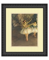 An ethereal grace resonates from Two Dancers on Stage by Impressionist Edgar Degas, an artist famous for painting ballerinas. By capturing just part of the second figure, he prompts the viewer to imagine what's happening beyond the frame. With an antique black, scroll-embossed frame. An ethereal grace resonates from Two Dancers on Stage by Impressionist Edgar Degas, an artist famous for painting ballerinas. By capturing just part of the second figure, he prompts the viewer to imagine what's happening beyond the frame. With an antique black, scroll-embossed frame.