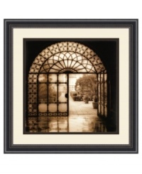 A window into Venice. Beyond the elaborate metal-work gate lies a well-manicured, traditional Italian courtyard. In a beaded black frame, this breathtaking art print takes you on a journey to another time and place. A window into Venice. Beyond the elaborate metal-work gate lies a well-manicured, traditional Italian courtyard. In a beaded black frame, this breathtaking art print takes you on a journey to another time and place.