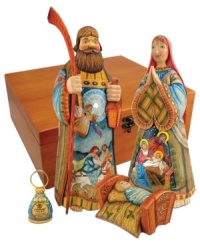 Feel the true spirit of the season in this beautifully crafted four piece nativity set. Each piece is meticulously hand painted with moving imagery and lovely colors for a joyous presentation. Feel the true spirit of the season in this beautifully crafted four piece nativity set. Each piece is meticulously hand painted with moving imagery and lovely colors for a joyous presentation.