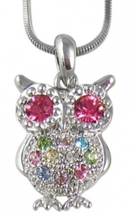 Pretty Pastel Rainbow Pink, Blue, Green, Yellow Crystal Embellished Owl Pendant and Necklace - Silver Plated