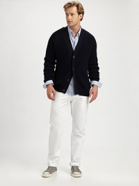 Texture-rich cotton cardigan mixes crunchy waffle stitches with bold bands of ribbing at the shoulders.V-neckButton frontSide seam pocketsRaglan sleevesRib-knit trimCottonDry cleanImported Texture-rich cotton cardigan mixes crunchy waffle stitches with bold bands of ribbing at the shoulders.V-neckButton frontSide seam pocketsRaglan sleevesRib-knit trimCottonDry cleanImported