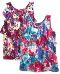Put some frilly fun into her summer wardrobe with the cascading layers of ruffles on this print tank from Epic Threads. Put some frilly fun into her summer wardrobe with the cascading layers of ruffles on this print tank from Epic Threads.